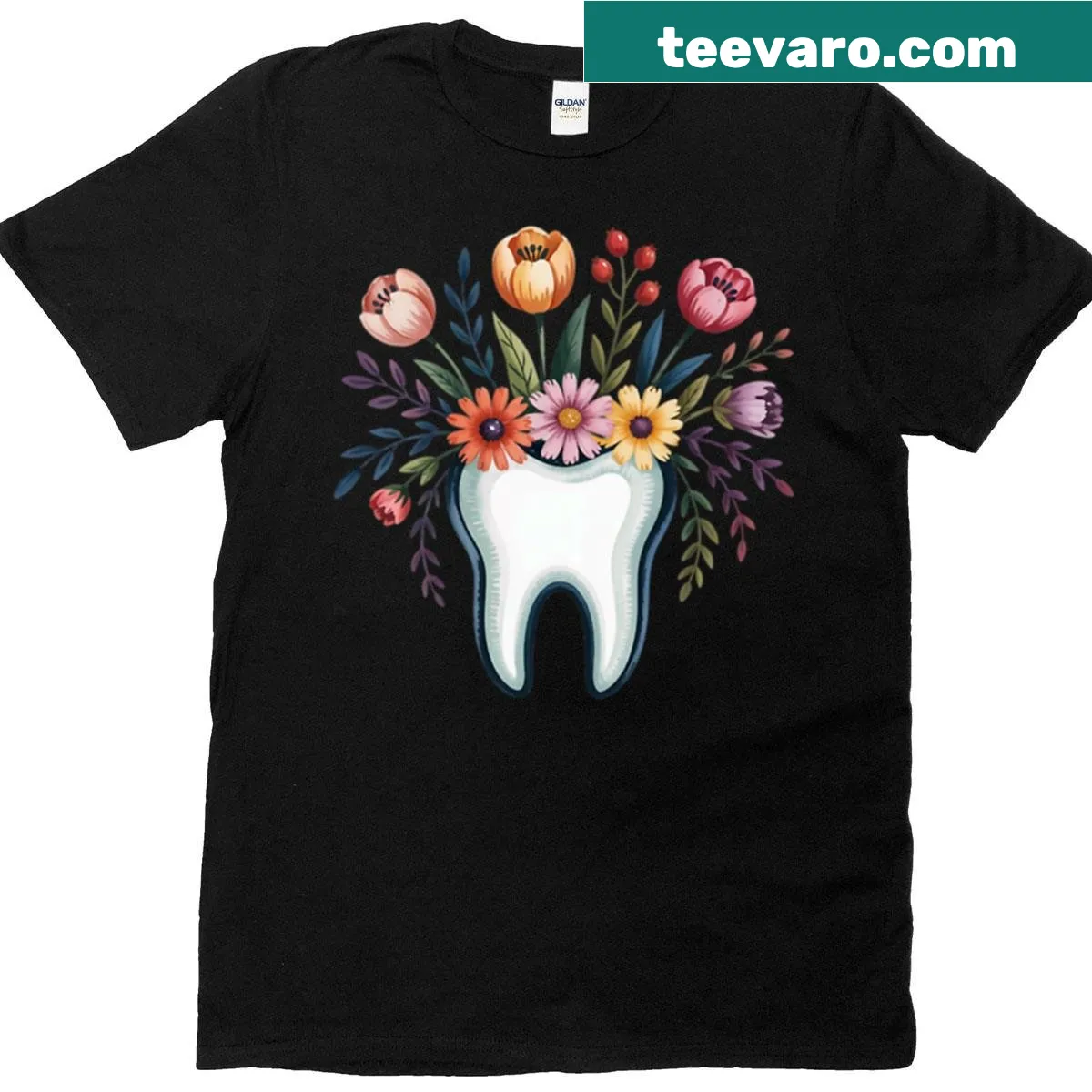 Whimsical T-shirt featuring a floral decorated tooth graphic — on a men's t-shirt