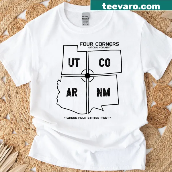 Minimalist graphic t-shirt featuring Four Corners Monument and state map