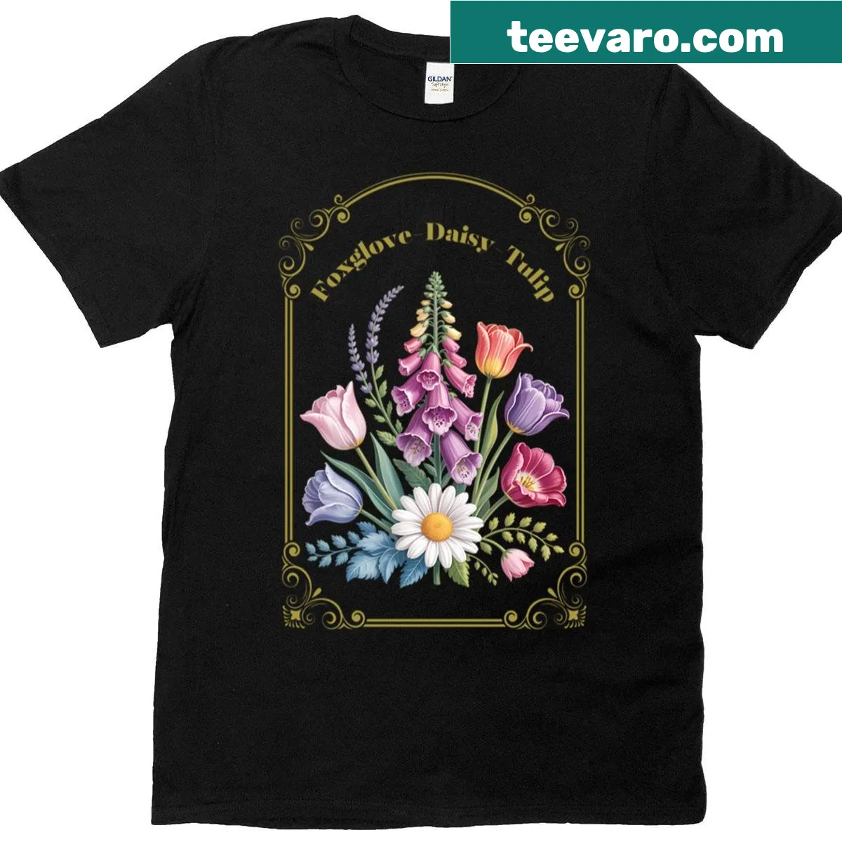 Vintage-style T-shirt featuring a floral arrangement of foxglove, daisies, and tulips — on a men's t-shirt