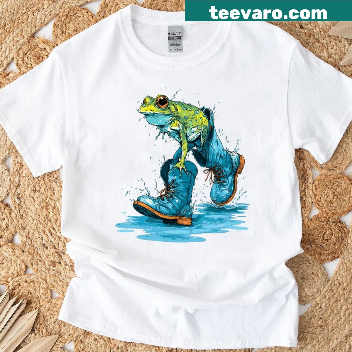 Funny comic illustration of a frog wearing boots on a t-shirt — on a men's t-shirt