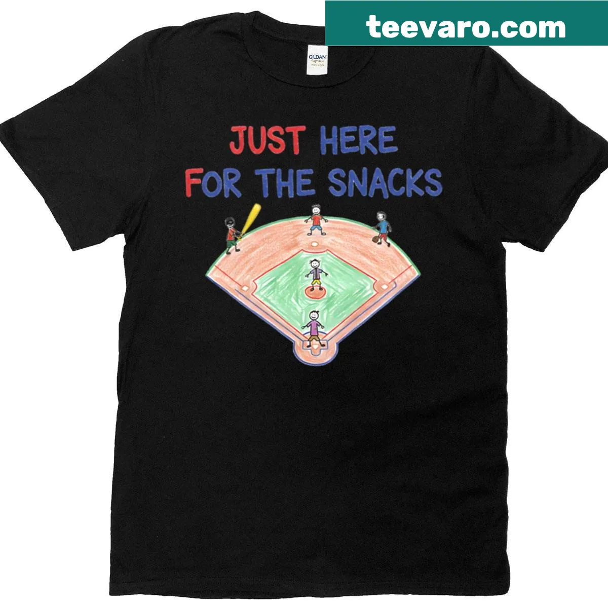 Doodle art T-shirt featuring baseball snacks like hot dogs and popcorn — on a men's t-shirt