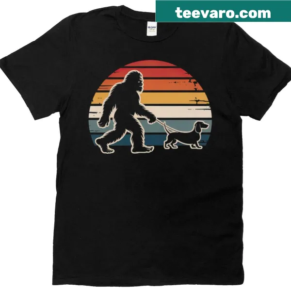 Retro design of Bigfoot and a dachshund walking together on a t-shirt