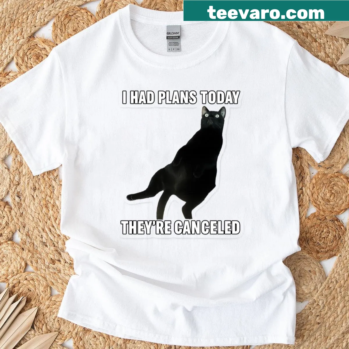 Meme-style T-shirt featuring a black cat and humorous text about canceled plans — on a men's t-shirt
