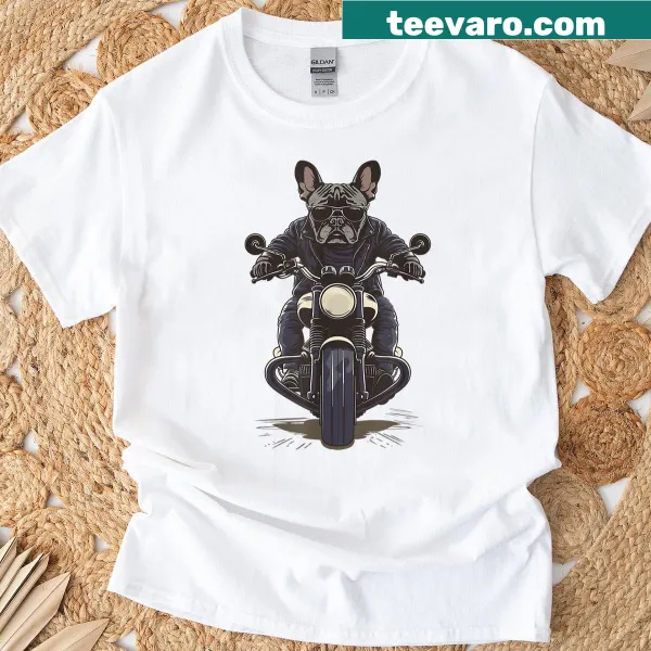 Comical bulldog in biker gear on a humorous tee