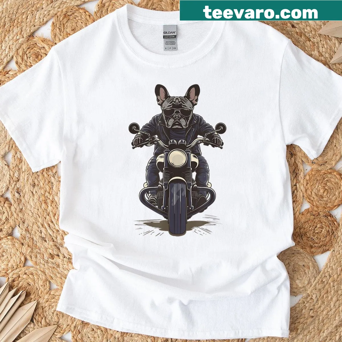 Comical bulldog in biker gear on a humorous tee — on a men's t-shirt