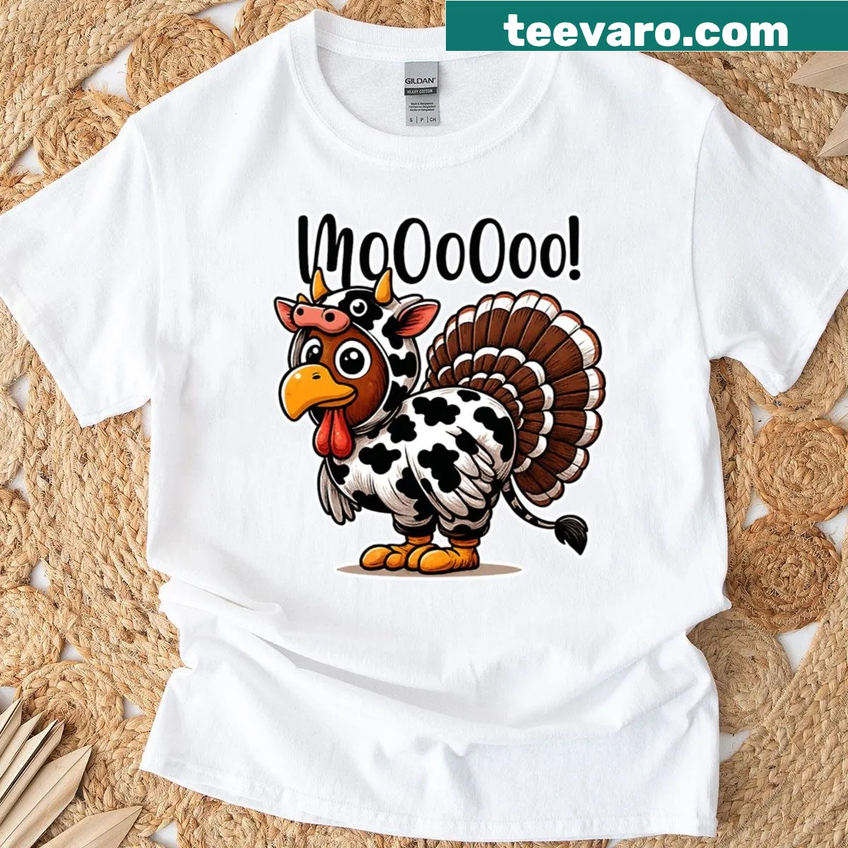 Funny Thanksgiving shirt featuring a cow and turkey graphic. — on a men's t-shirt