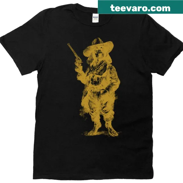Illustration of a dachshund in cowboy attire on T-shirt, humorous design for dog lovers