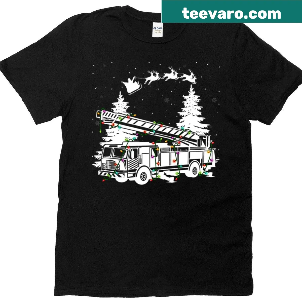 Illustrated fire truck with Christmas lights for holiday fun — on a men's t-shirt