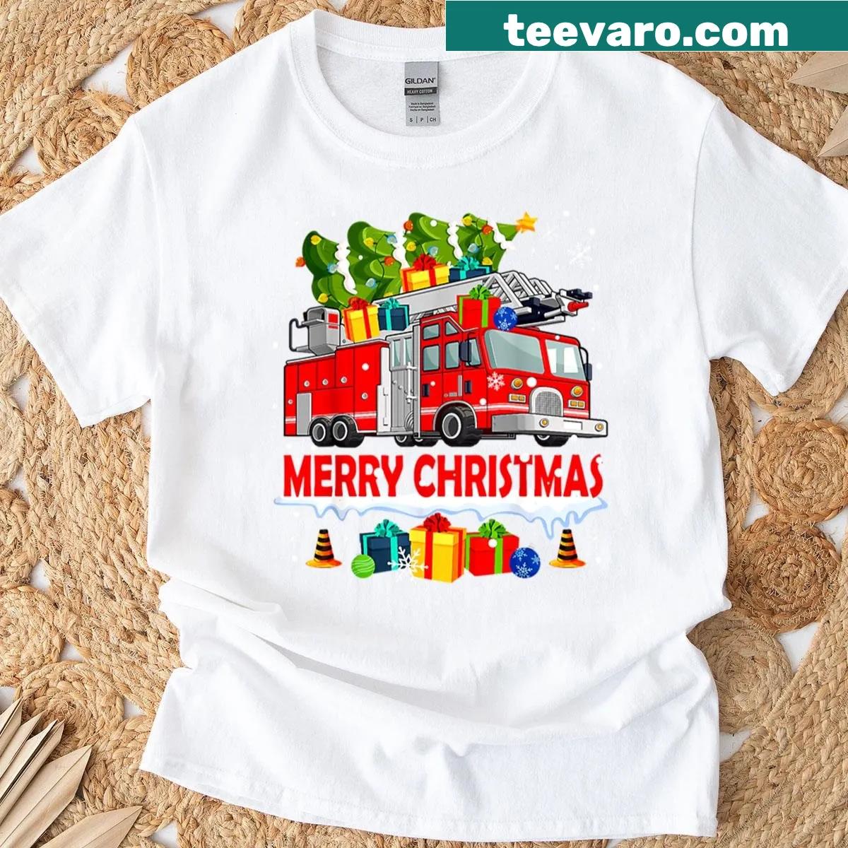 Fire truck with Christmas tree illustration for kids' holiday tee — on a men's t-shirt