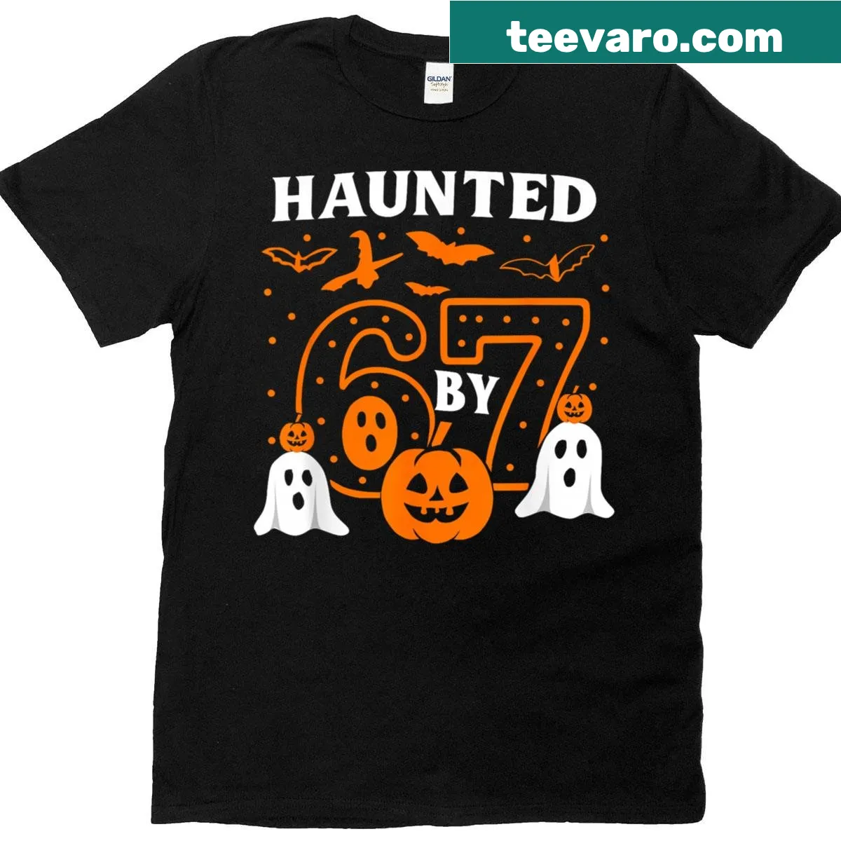 Halloween t-shirt with 'Six Seven Haunted By 67' meme graphic featuring ghosts and pumpkins — on a men's t-shirt
