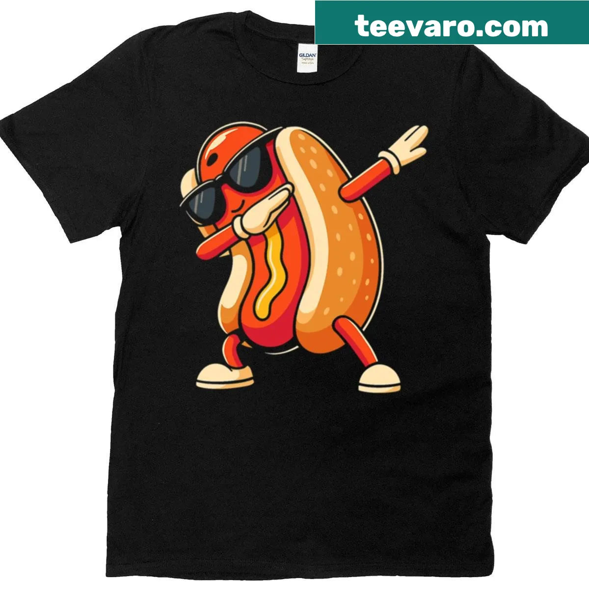 Cartoon hot dog doing the dab dance on a fun t-shirt — on a men's t-shirt