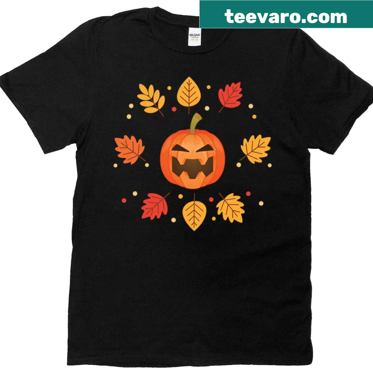 Humorous T-shirt featuring a leaf blower design for autumn and Halloween. — on a men's t-shirt
