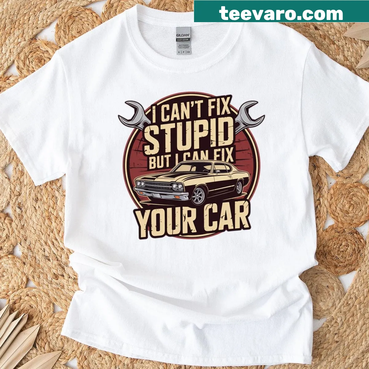 Vintage garage badge design with a funny mechanic saying — on a men's t-shirt