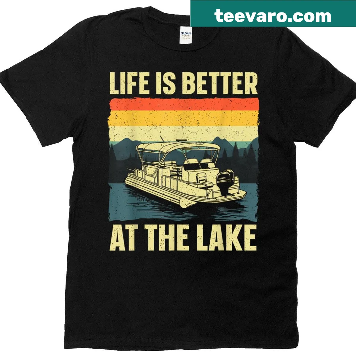 Illustration of a pontoon boat on T-shirt, humorous design for boat lovers — on a men's t-shirt