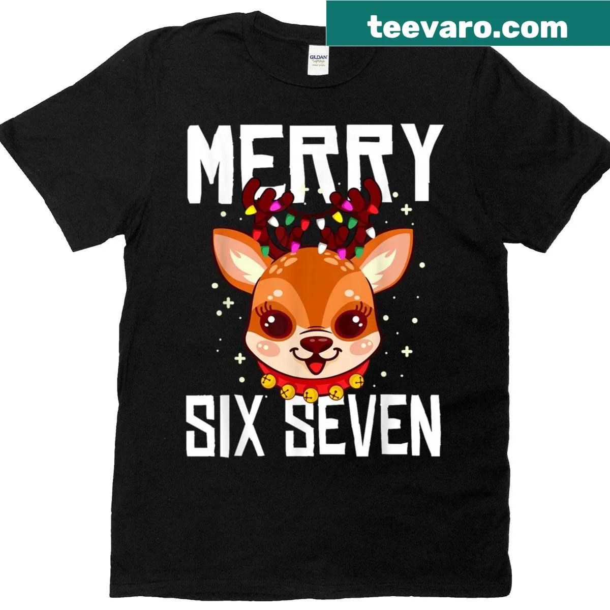 Cartoon reindeer with Merry Six Seven text for Christmas fun — on a men's t-shirt