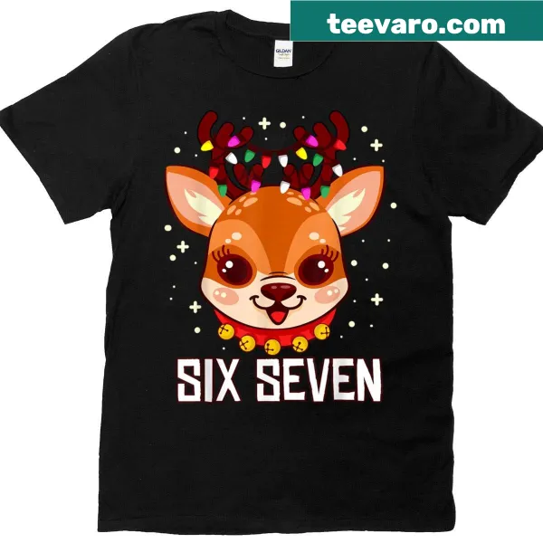 Cartoon reindeer and 'Six Seven' text on a Christmas t-shirt for kids