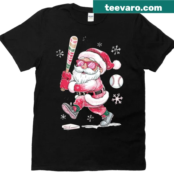 Cartoon Santa batting a baseball on a Christmas-themed T-shirt