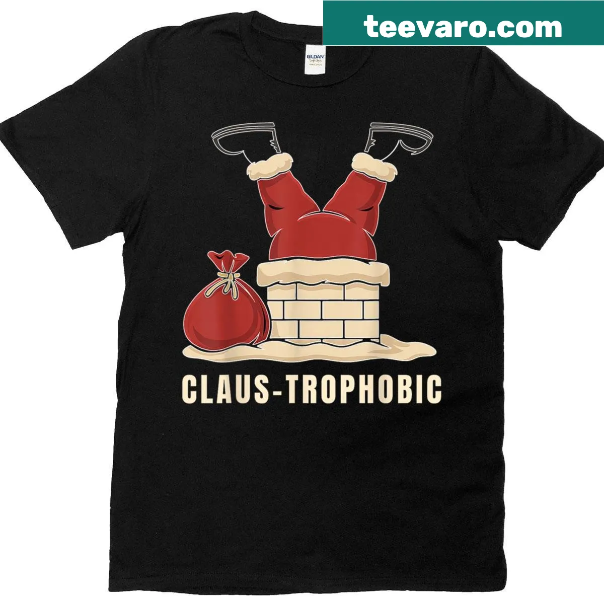 Funny Christmas t-shirt depicting Santa stuck in a chimney with humorous text. — on a men's t-shirt