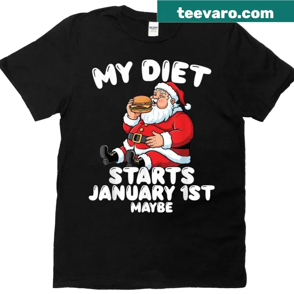 Funny Christmas t-shirt featuring Santa and a humorous dieting message.