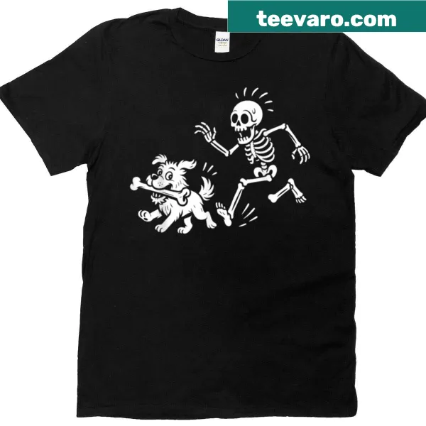 Halloween T-shirt featuring a cartoon skeleton chasing a dog