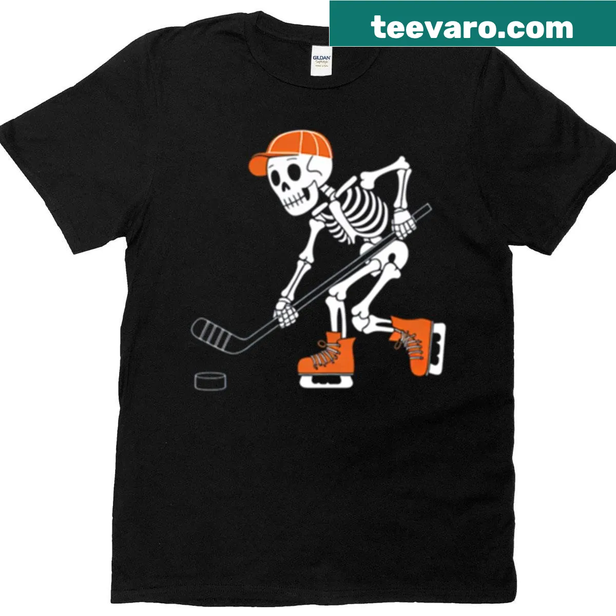 Funny shirt featuring a skeleton playing ice hockey for Halloween — on a men's t-shirt