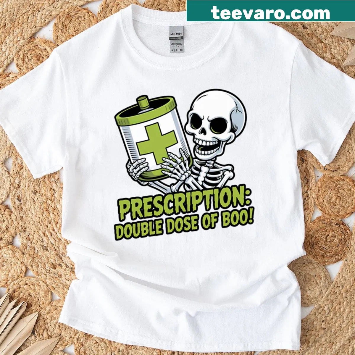 Skeleton design with humorous prescription text for Halloween — on a men's t-shirt