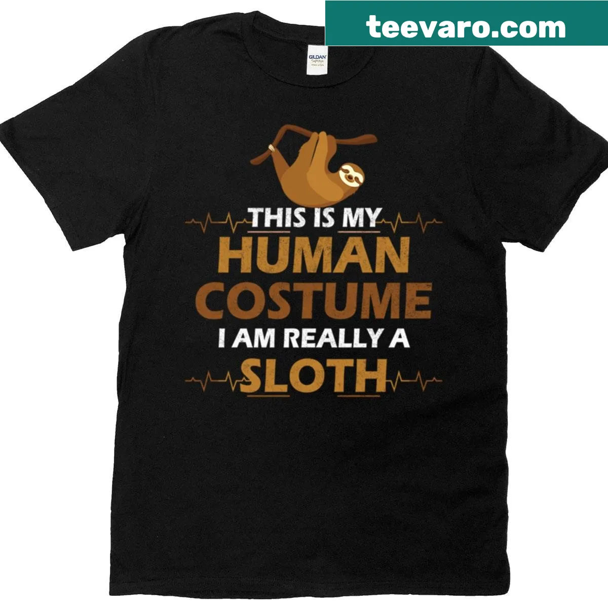 Funny Halloween shirt with sloth graphic saying 'This Is My Human Costume' — on a men's t-shirt