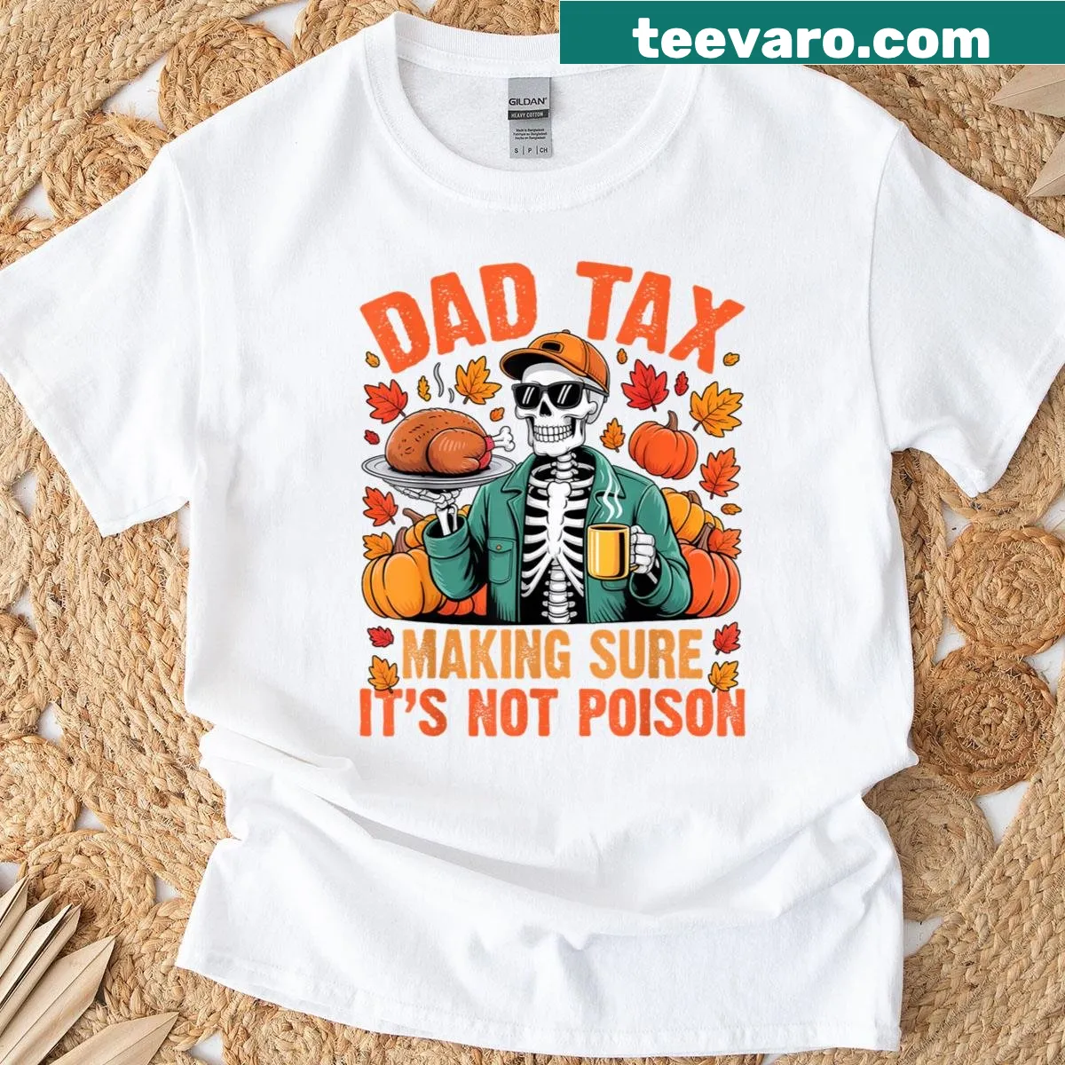 Funny Thanksgiving T-shirt with skeleton and turkey humor — on a men's t-shirt