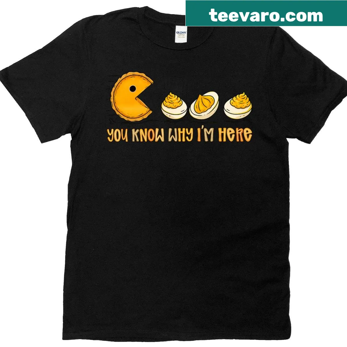 Retro design of deviled eggs and pumpkin pie for Thanksgiving — on a men's t-shirt