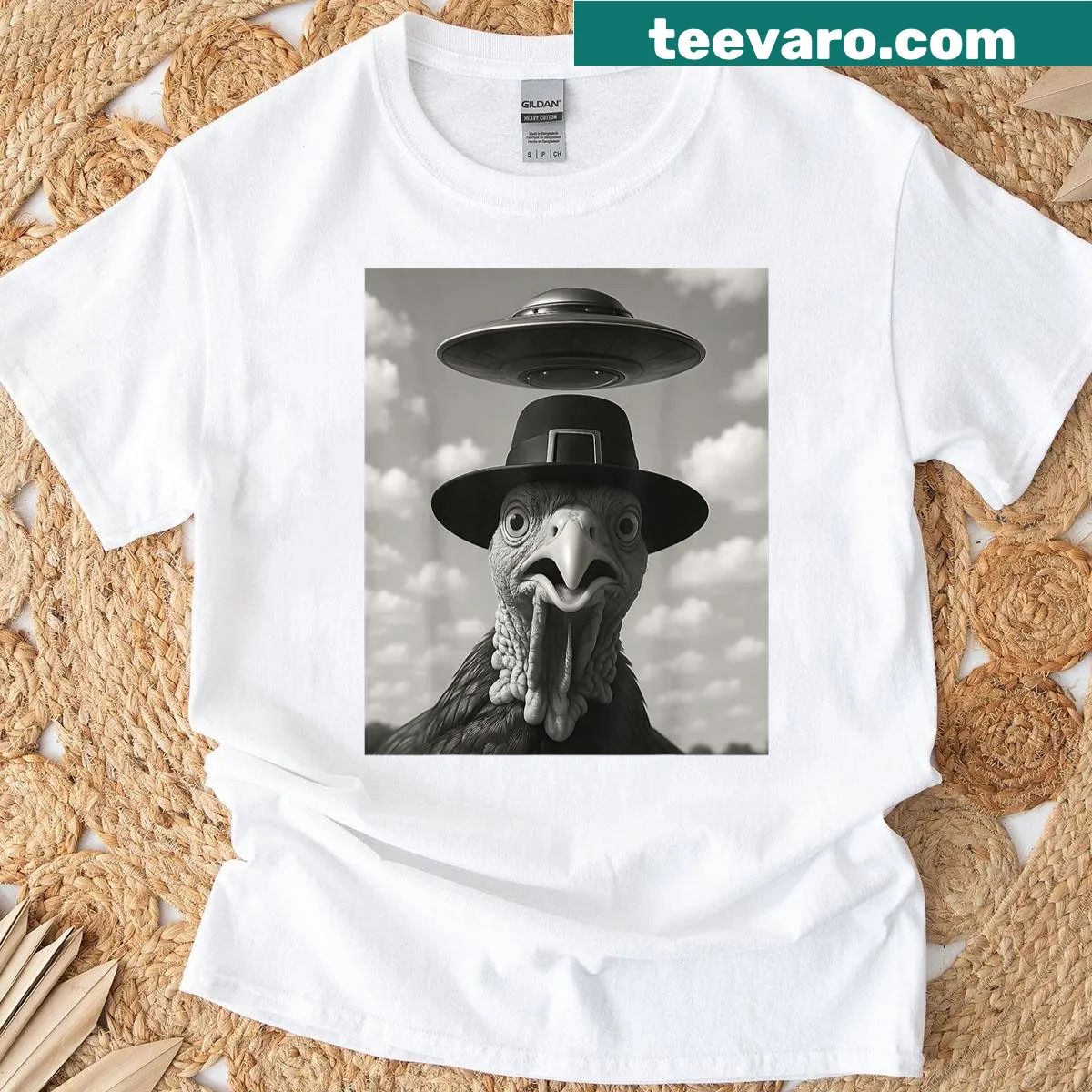 Thanksgiving shirt with an alien turkey and pilgrim hat selfie design — on a men's t-shirt
