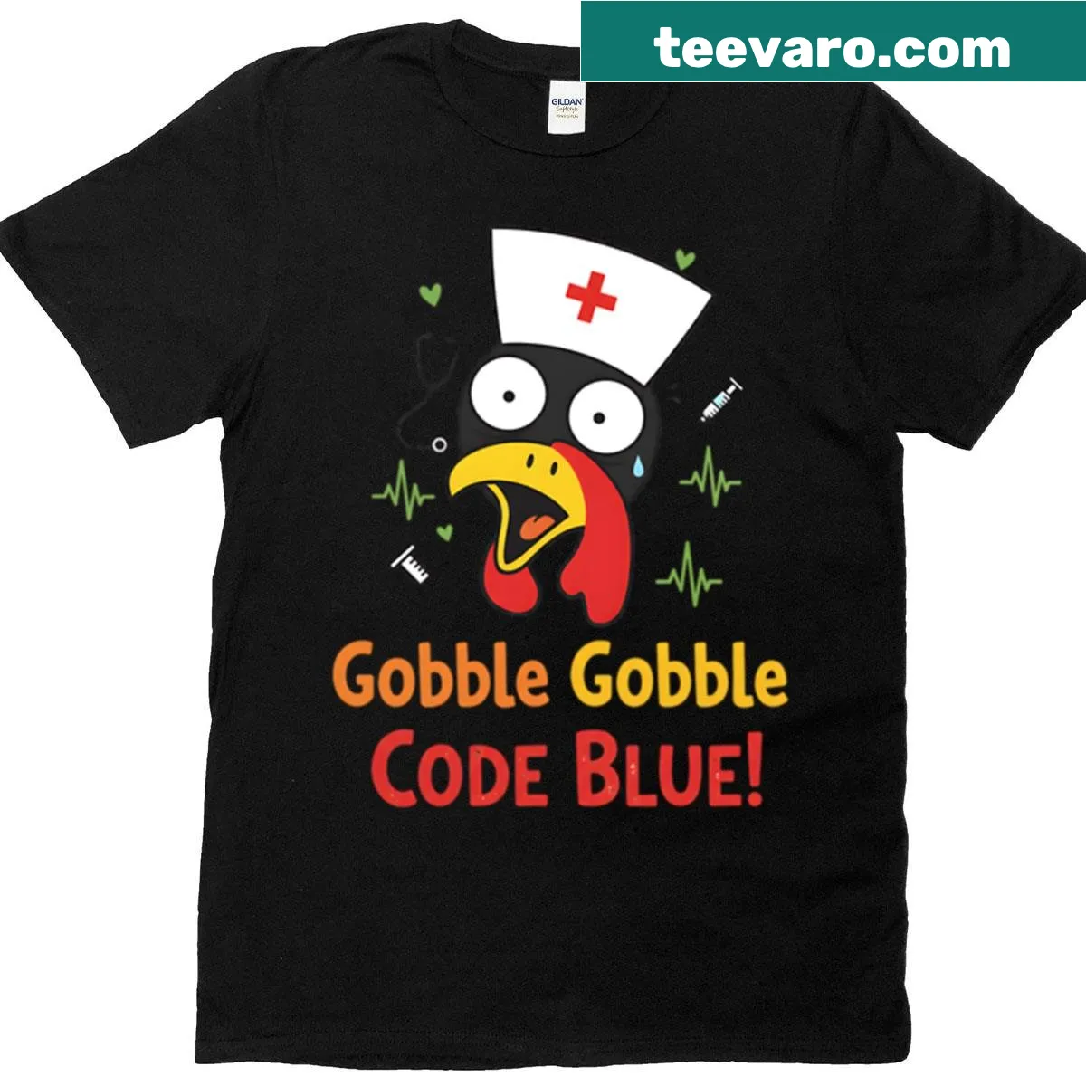 Cartoon turkey with 'Gobble Gobble Code Blue' text on a women's t-shirt — on a men's t-shirt