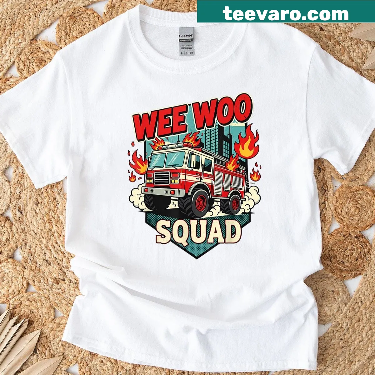 Funny T-shirt with 'Wee Woo Squad' text and fire truck illustration. — on a men's t-shirt