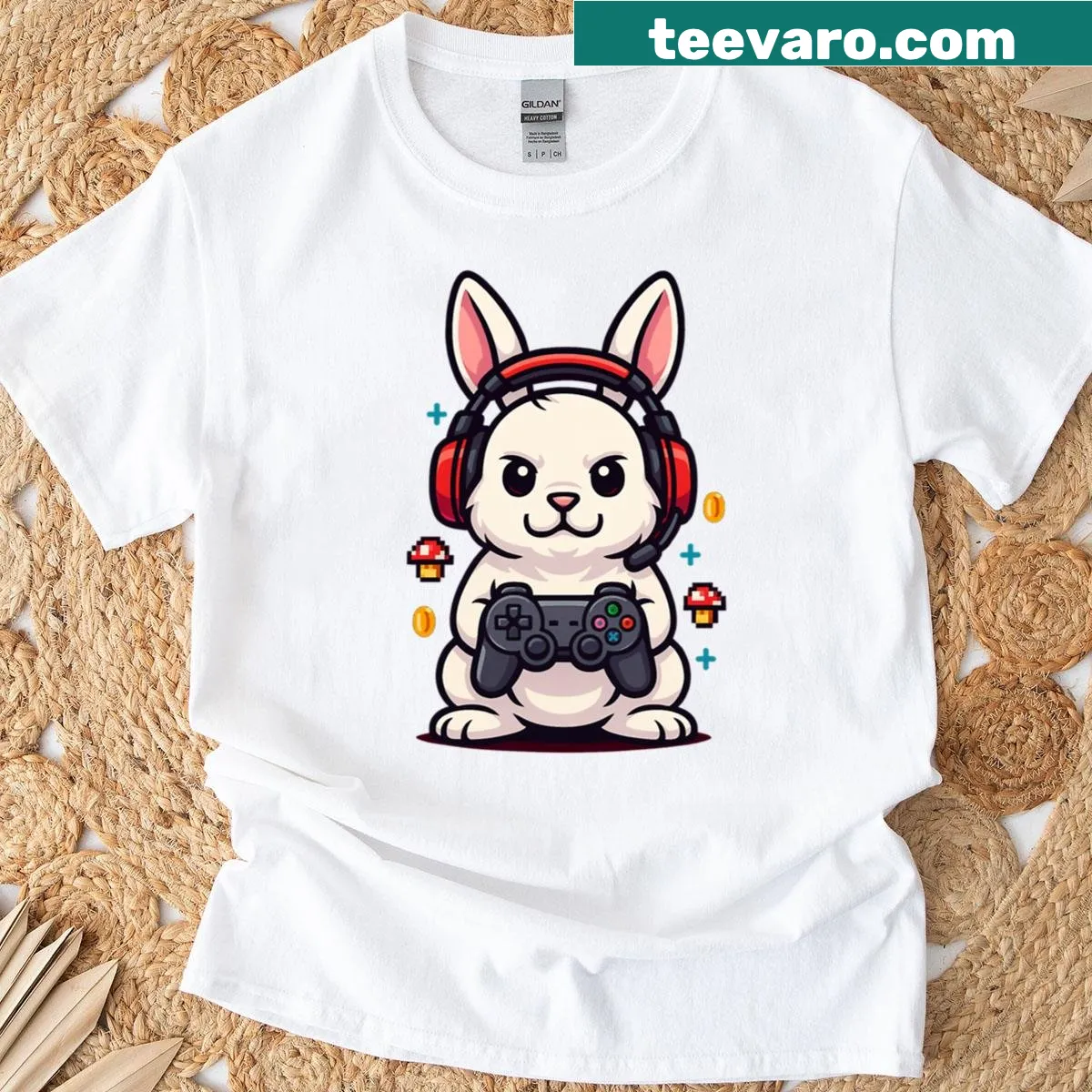 Cartoon Gamer Bunny t-shirt designed for gaming enthusiasts — on a men's t-shirt