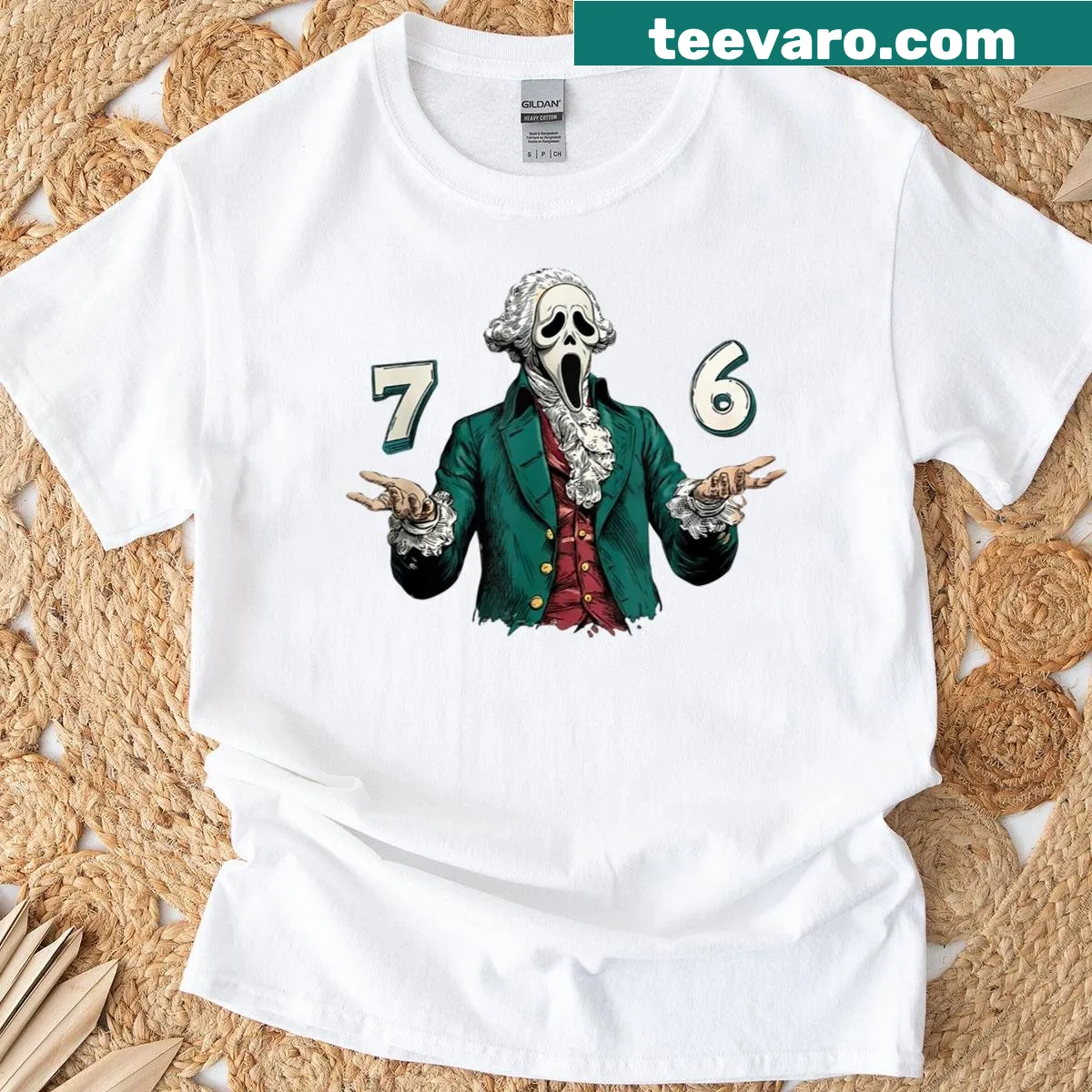 George Washington in Halloween mask graphic T-shirt — on a men's t-shirt