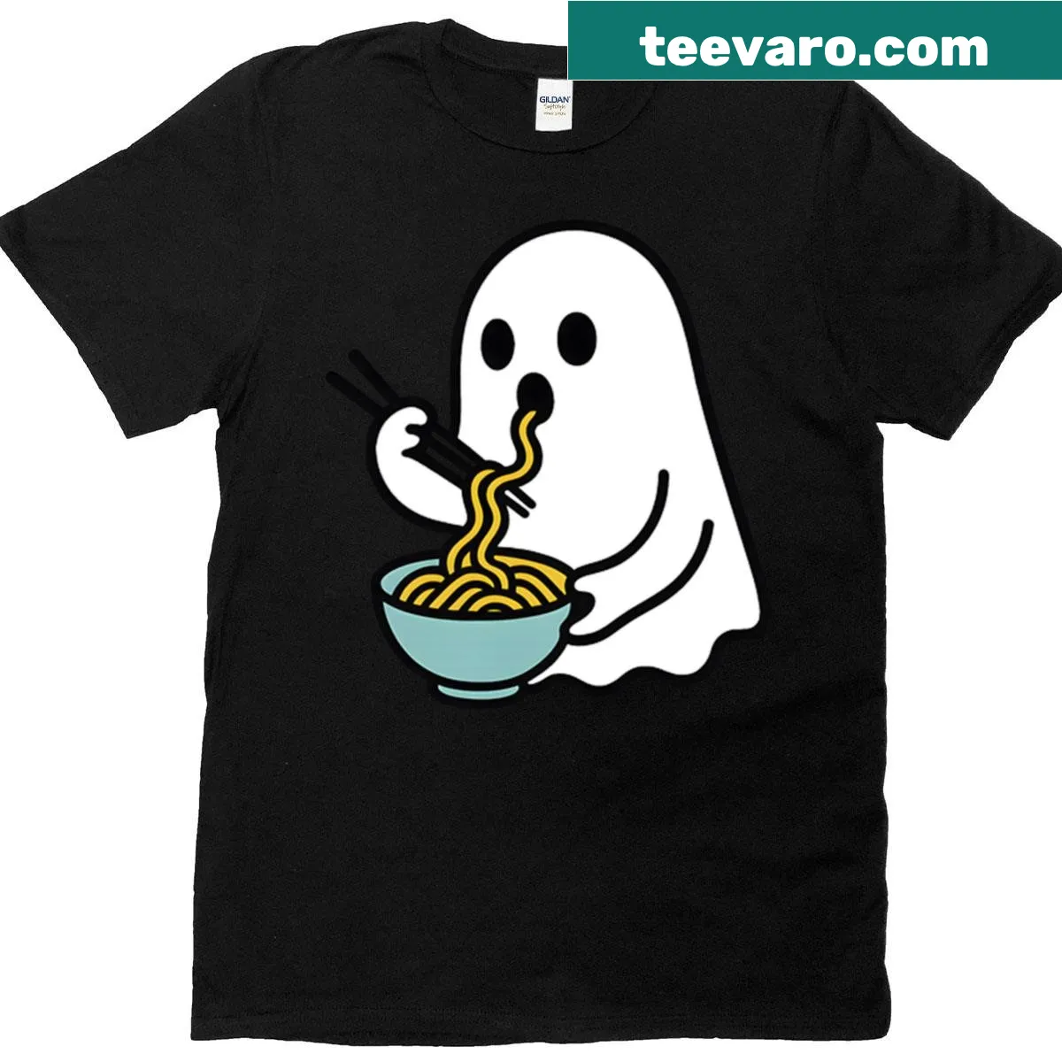 Cute cartoon t-shirt featuring a ghost eating noodles — on a men's t-shirt