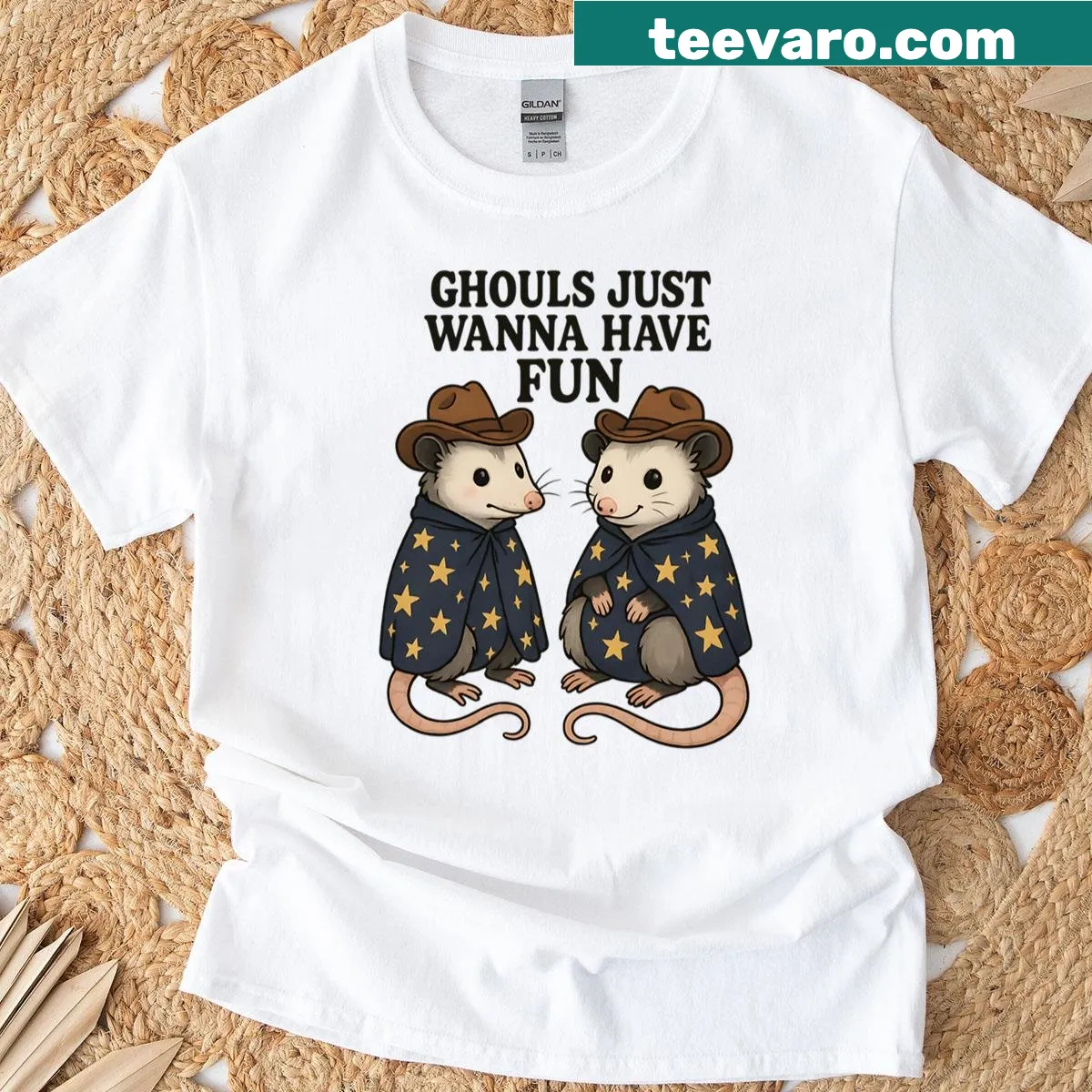 Cute opossum family in cowboy hats with Halloween theme — on a men's t-shirt