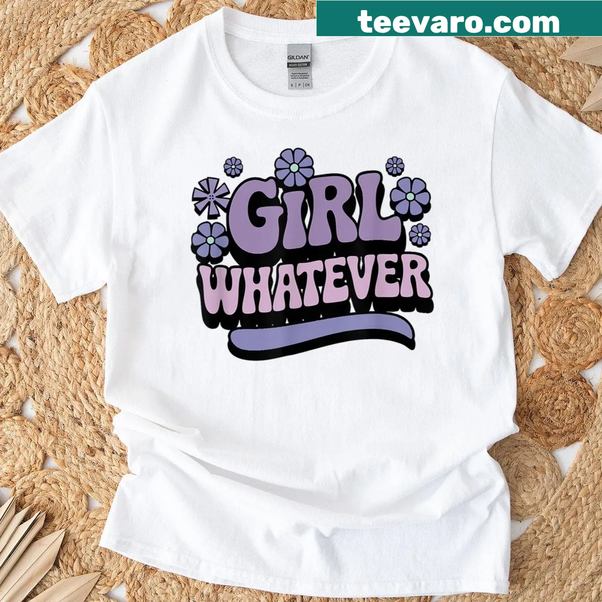 Retro vintage Girl Whatever t-shirt with playful lettering — on a men's t-shirt