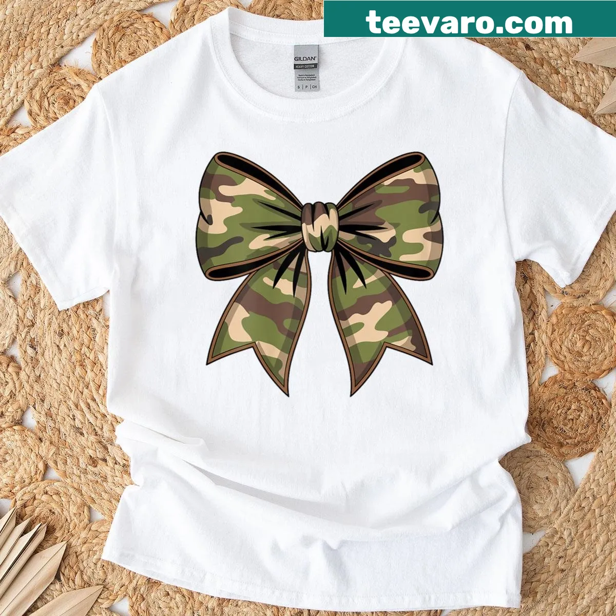 Camo-themed t-shirt with bow hunting design for girls — on a men's t-shirt