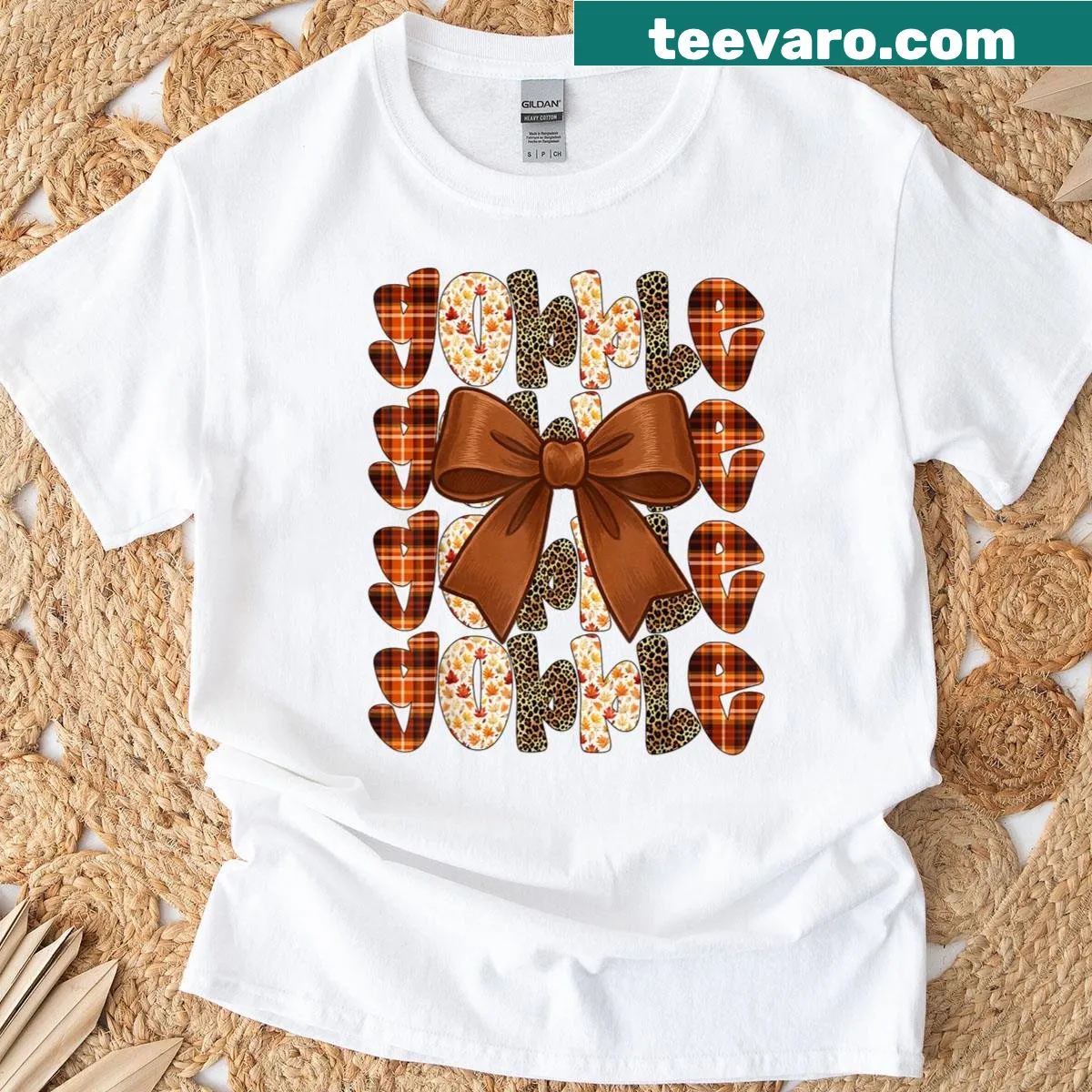 Whimsical Thanksgiving T-shirt with a turkey and bow design — on a men's t-shirt