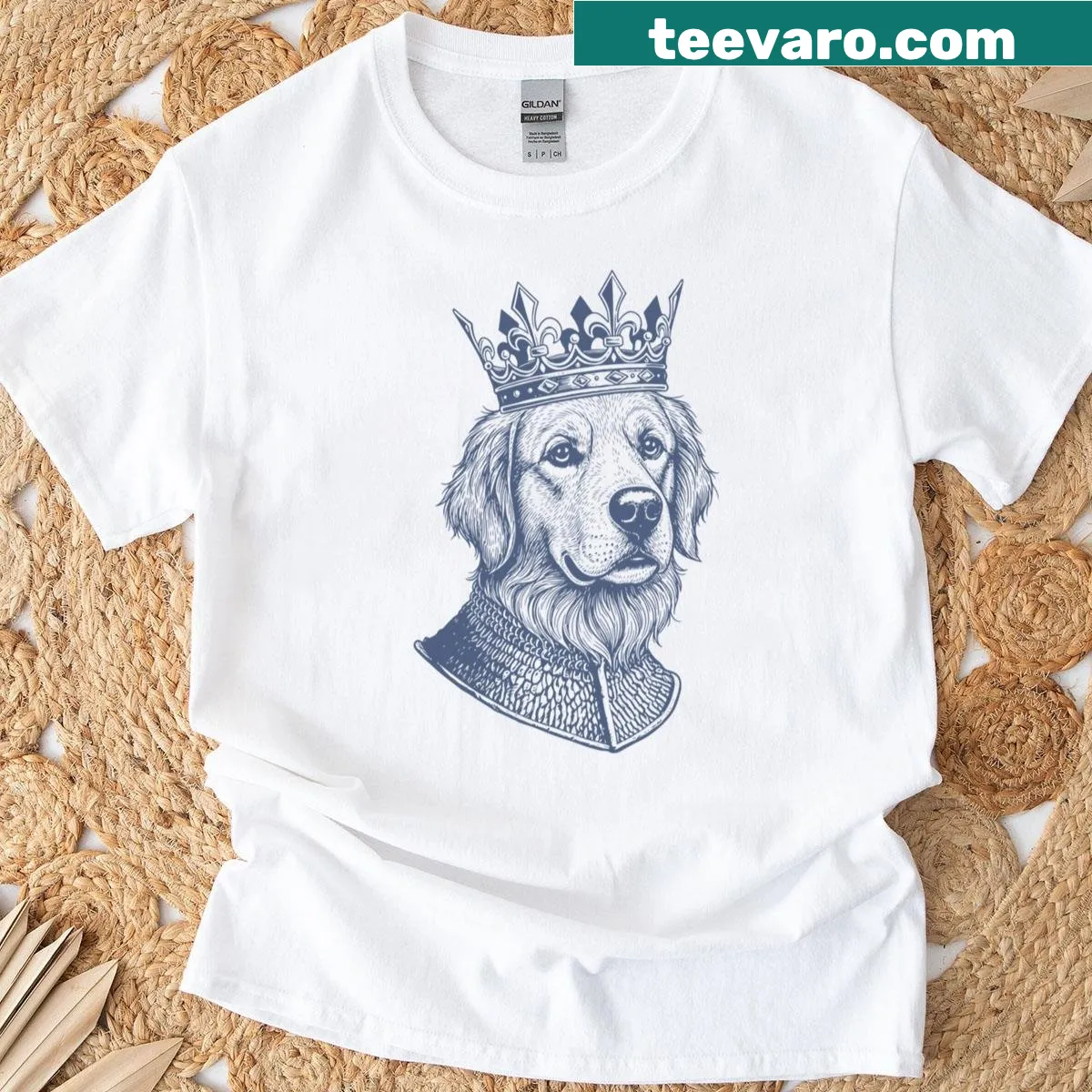 Illustration of a crowned Golden Retriever on a vintage-style t-shirt — on a men's t-shirt