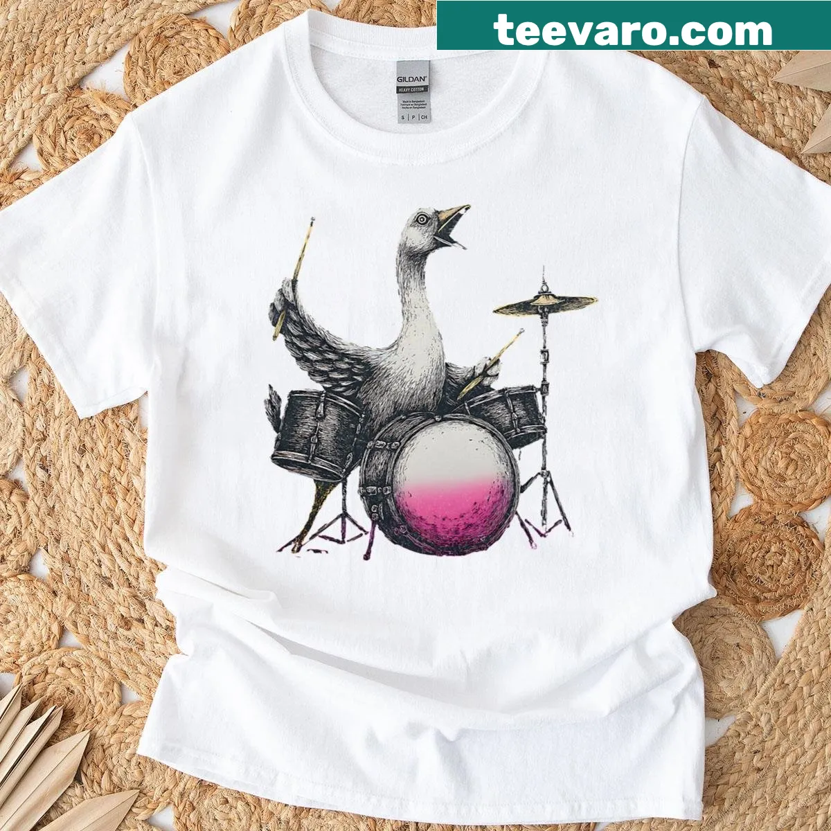 Cartoon goose drummer t-shirt with humorous text — on a men's t-shirt