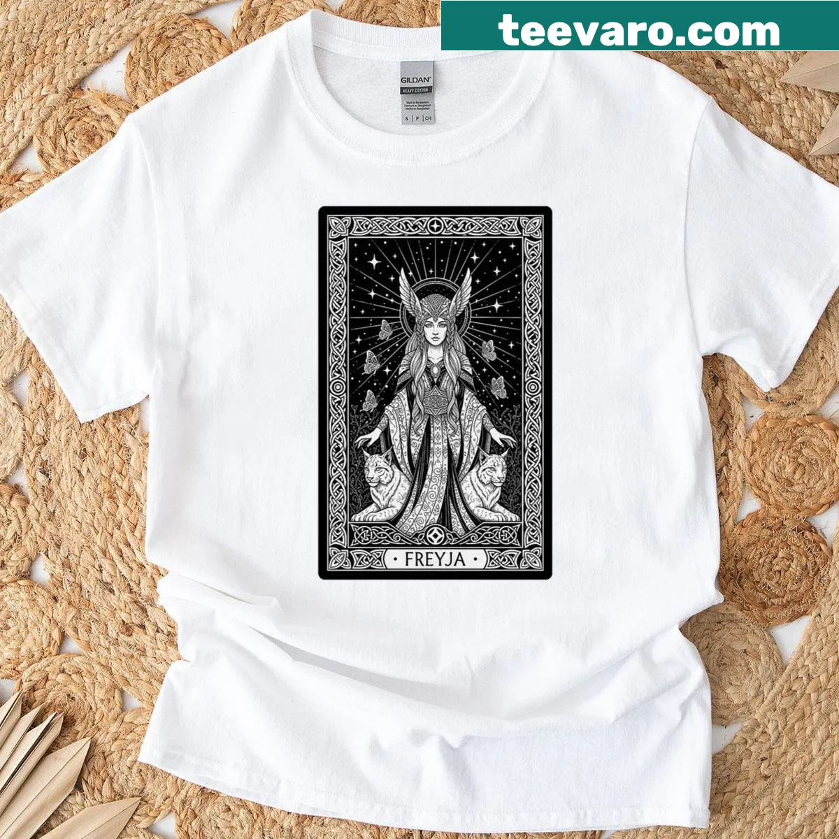 Illustration of Freyja, Viking goddess in gothic style — on a men's t-shirt
