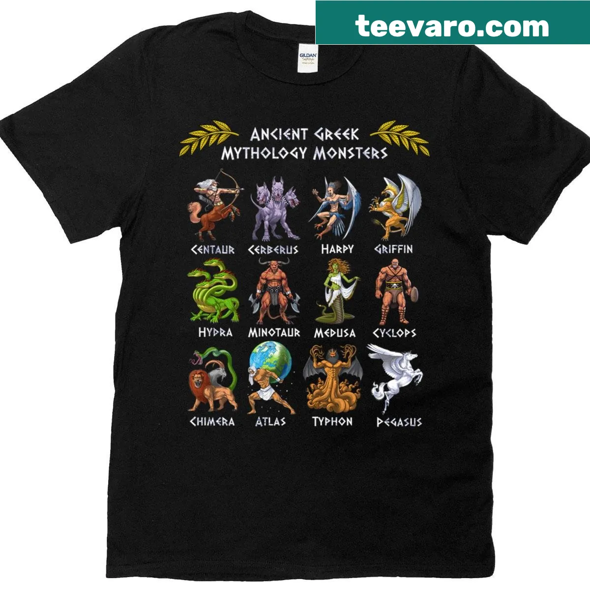 Illustration of Greek mythology creatures and gods on a premium t-shirt — on a men's t-shirt