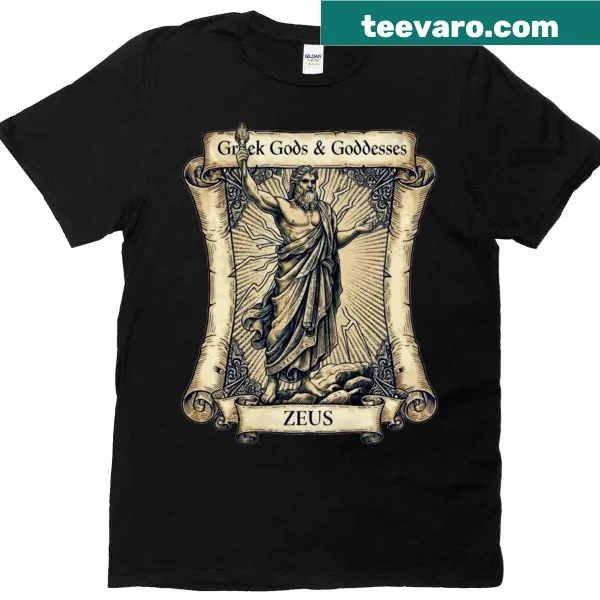 Vintage-style shirt featuring Zeus on a scroll in Greek mythology