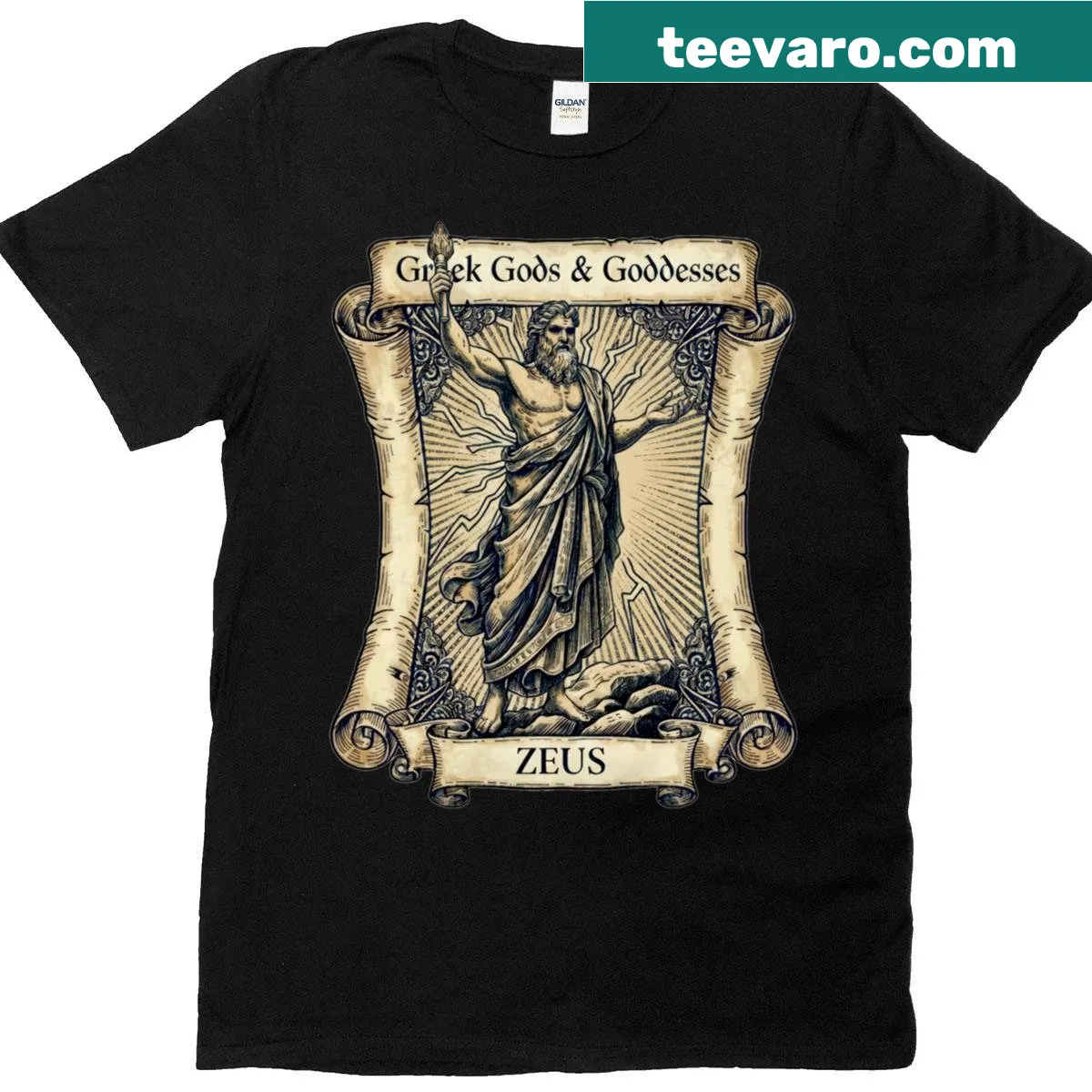 Vintage-style shirt featuring Zeus on a scroll in Greek mythology — on a men's t-shirt