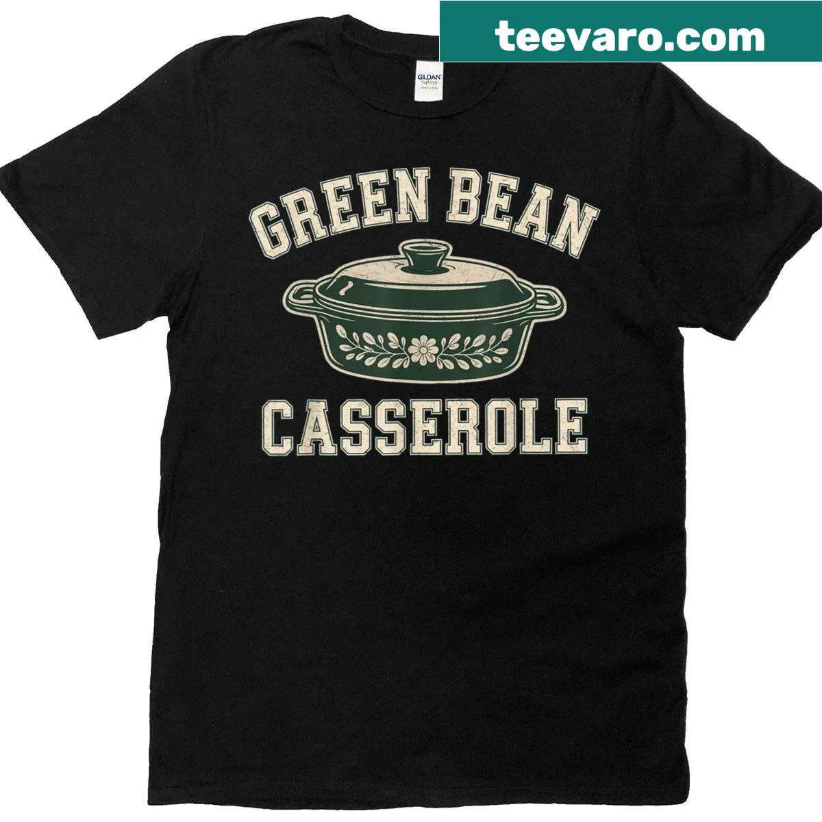 Funny Thanksgiving t-shirt featuring a playful green bean casserole graphic — on a men's t-shirt