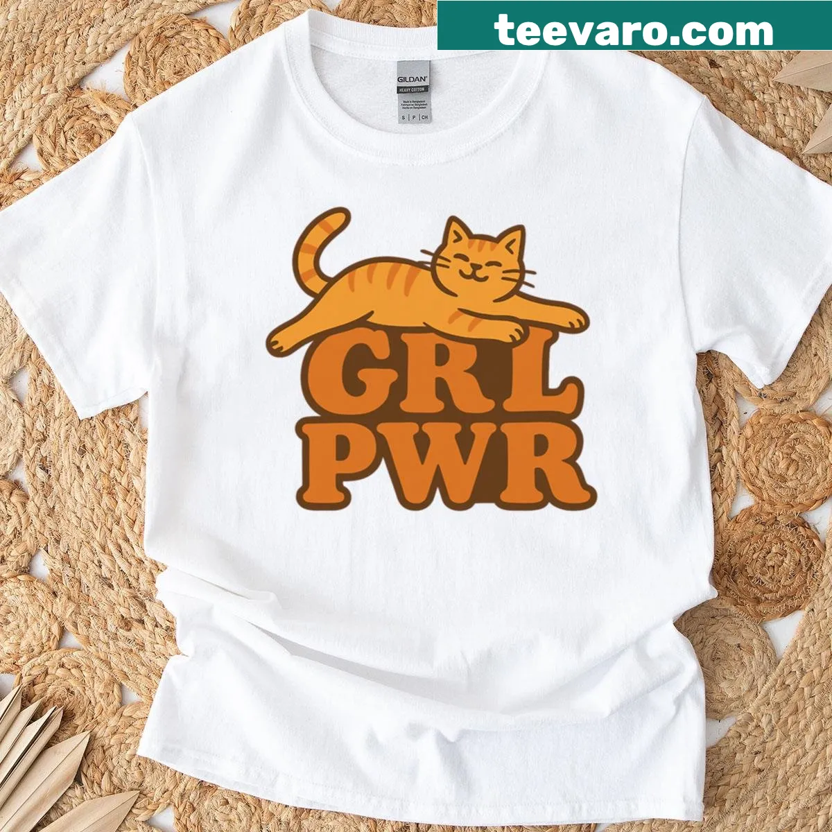 Retro feminist cat graphic T-shirt — on a men's t-shirt