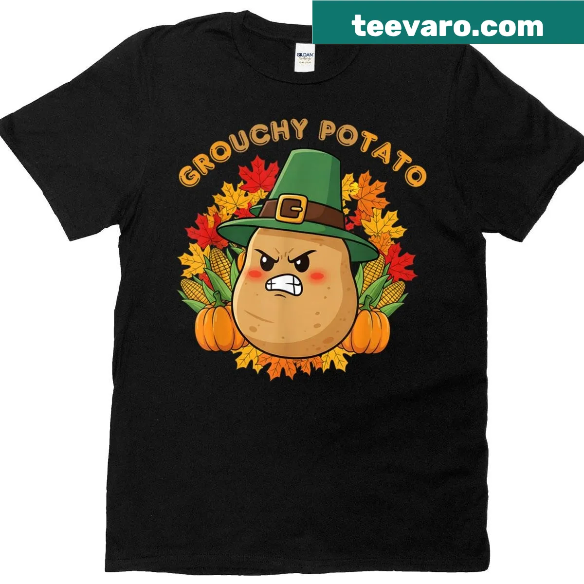 Illustrated grouchy potato and sweet potato in pilgrim hats — on a men's t-shirt
