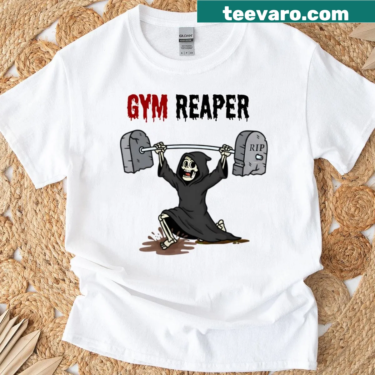 Funny gym reaper lifting weights graphic — on a men's t-shirt