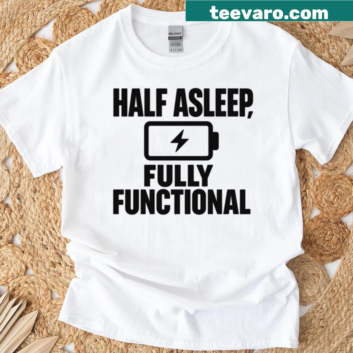 Oversized t-shirt with humorous text about being half asleep — on a men's t-shirt